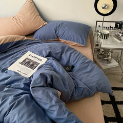 Pure Cotton Reversible Duvet Cover Set - Lapis Blue & Dark Beige