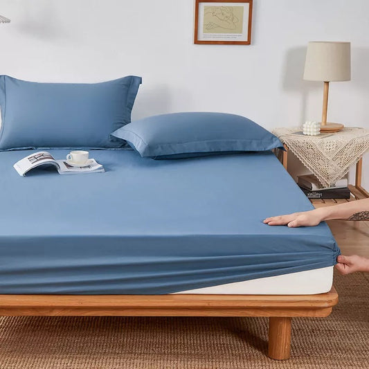 Cotton Fitted Bed Sheet With Pillows - Light Blue