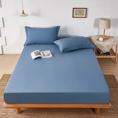 Cotton Fitted Bed Sheet With Pillows - Light Blue