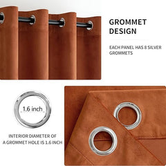 2 PCs Stainless Ring Eyelet Velvet Curtains With Velcro Belts - Teracotta