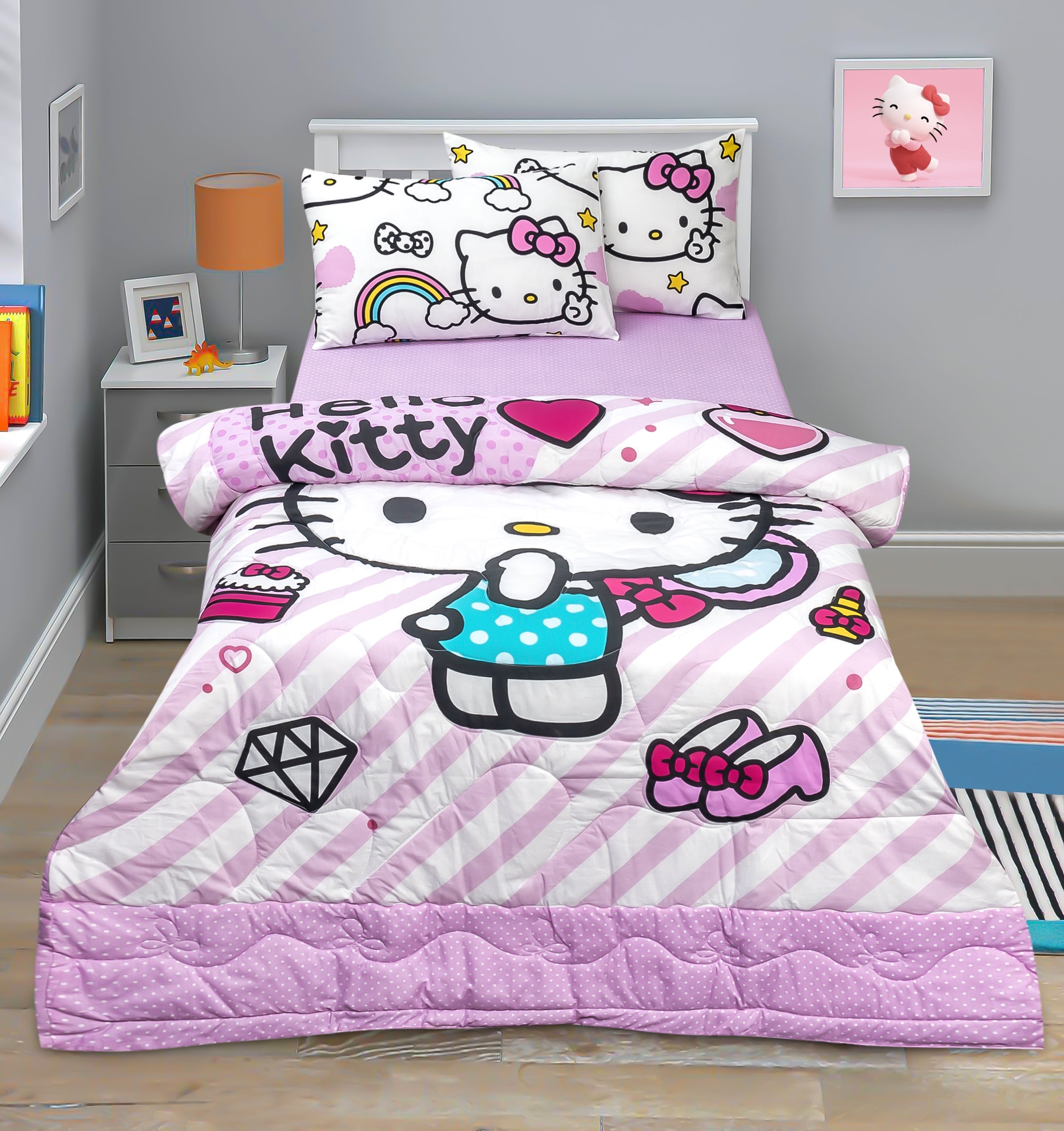 4-Piece Kids Cartoon Character Printed Bedspread Set - Hello Kitty