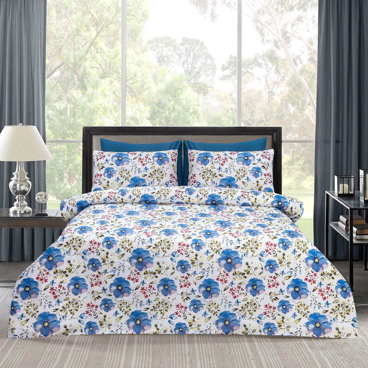 6 PCs Reversible Cotton Duvet Cover Set - Floral Valley