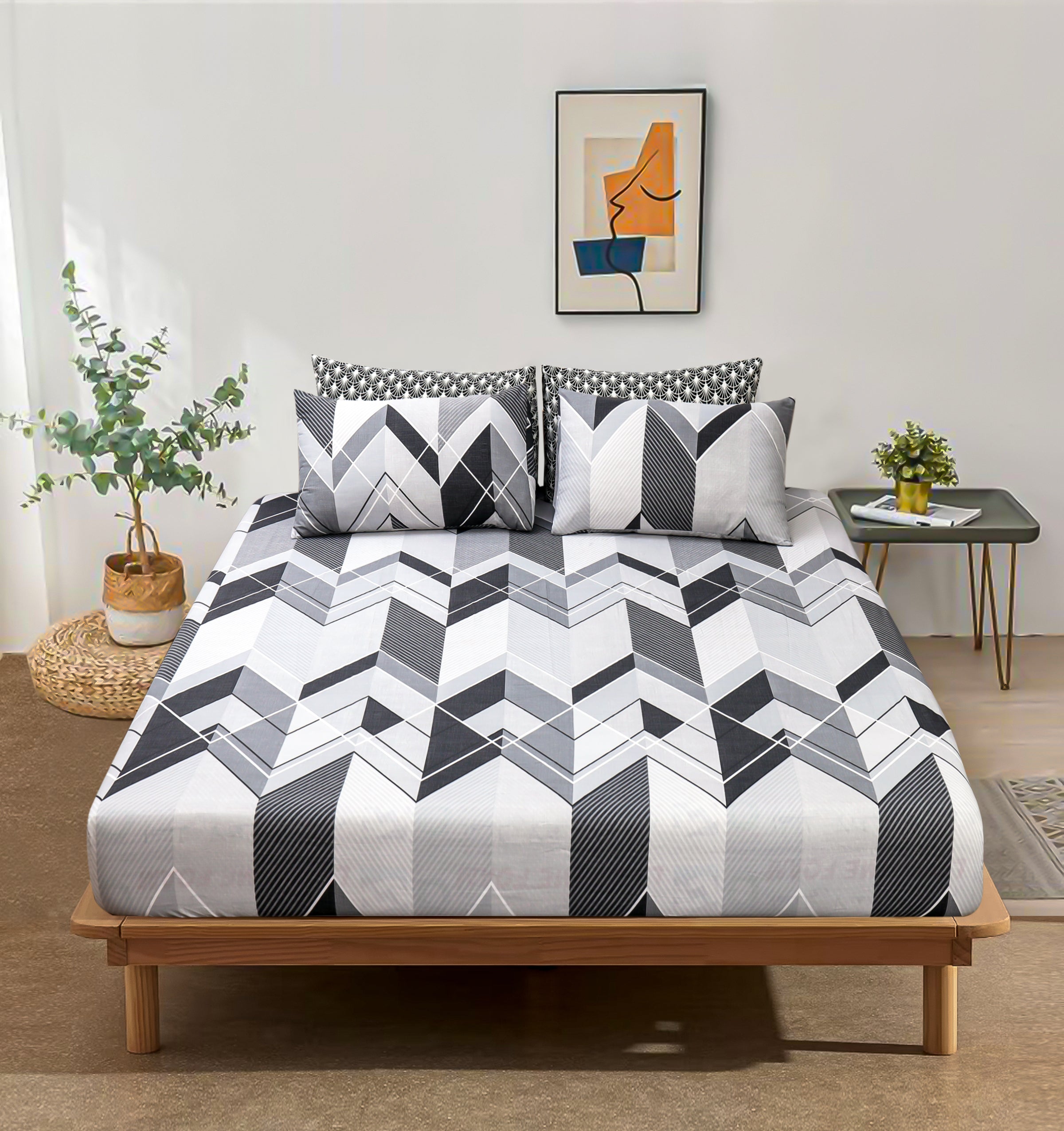 Pure Cotton Fitted Sheet Set - Chevron Grey