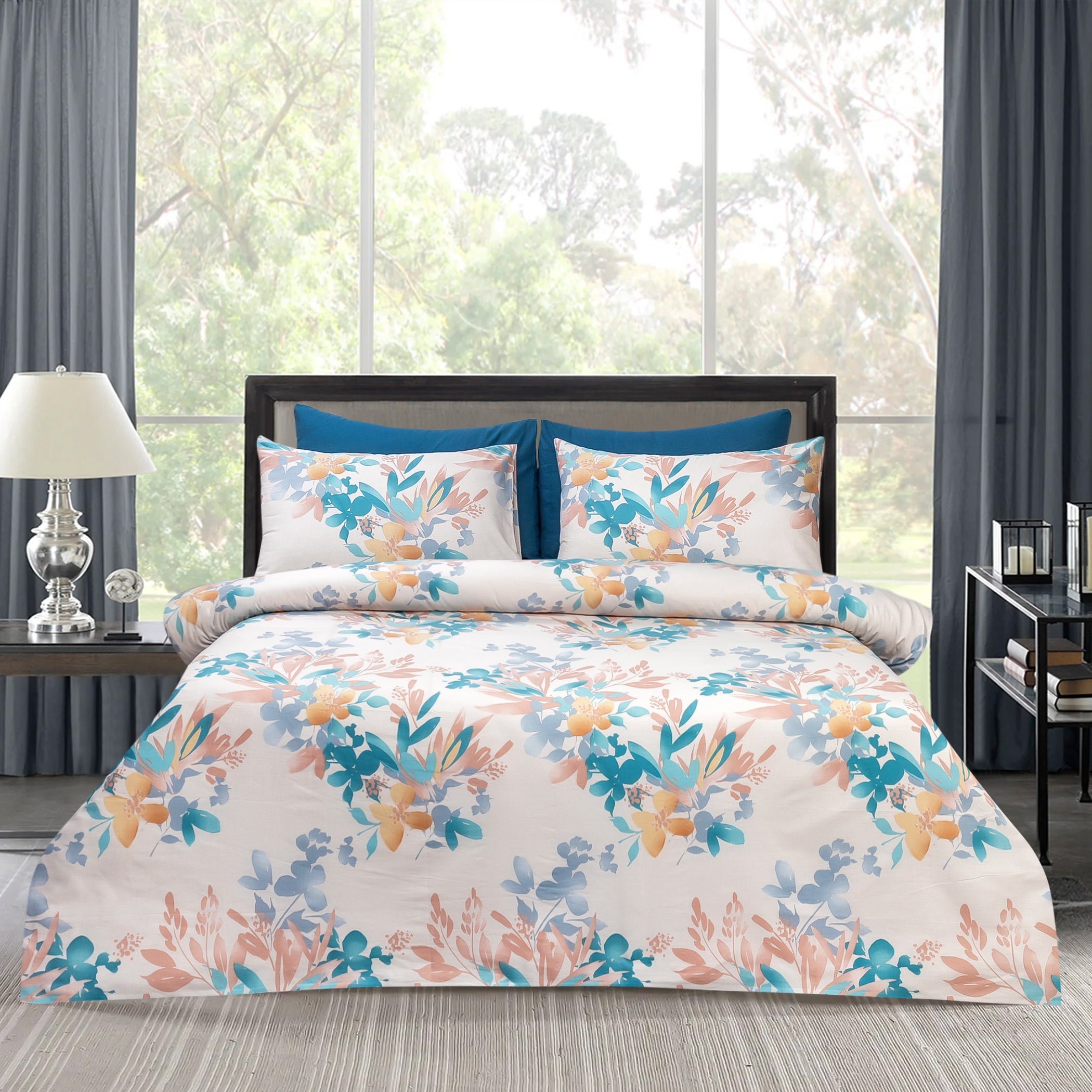 6 PCs Reversible Cotton Duvet Cover Set - Floral Grace