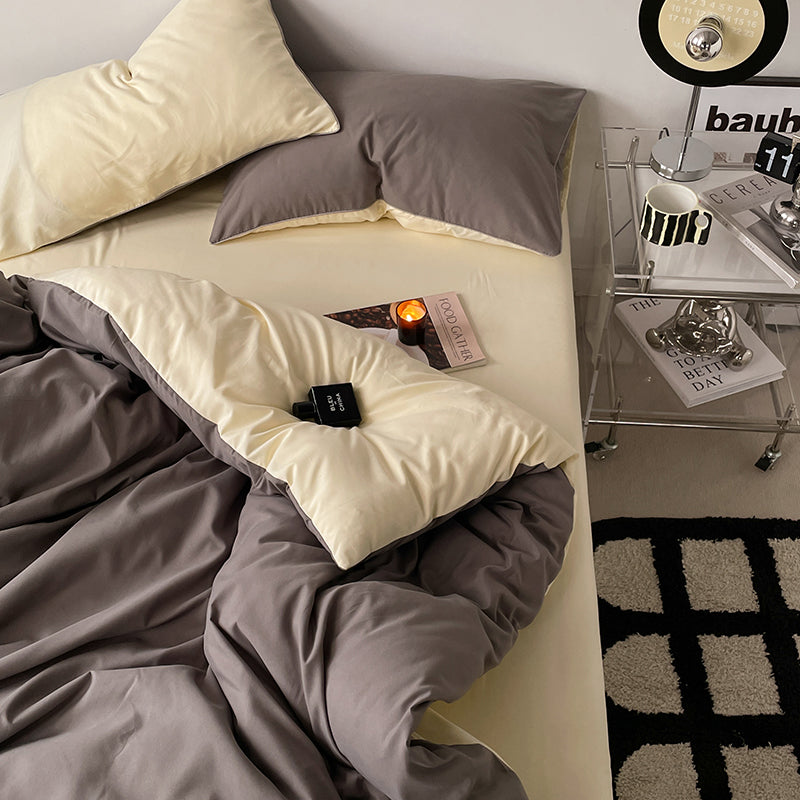 Pure Cotton Reversible Duvet Cover Set - Brown & Sour Cream