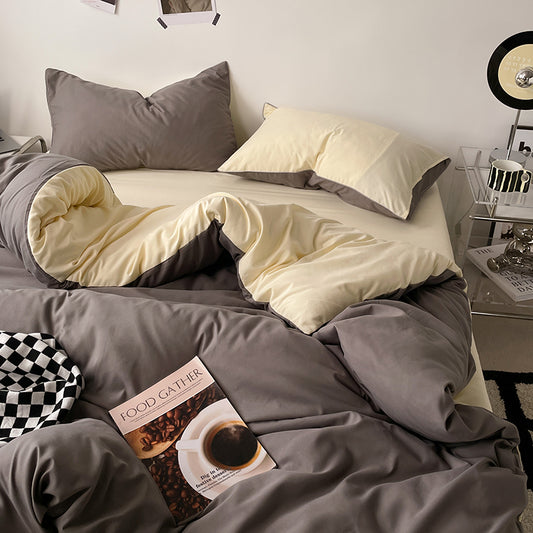 Pure Cotton Reversible Duvet Cover Set - Brown & Sour Cream