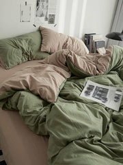 Pure Cotton Reversible Duvet Cover Set - Olive Green & Beige