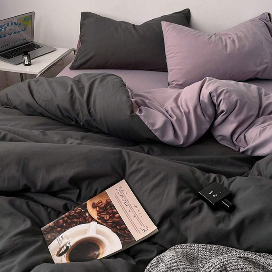 Pure Cotton Reversible Duvet Cover Set - Black & Light Purple