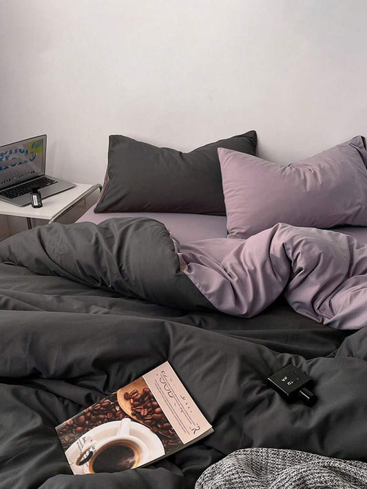 Pure Cotton Reversible Duvet Cover Set - Black & Light Purple