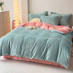 Reversible Velvet Duvet Cover - Aqua Green & Pink