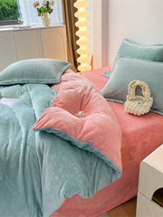 Reversible Velvet Duvet Cover - Aqua Green & Pink