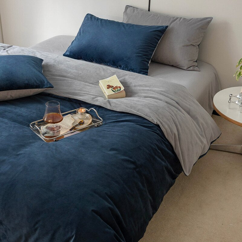 Reversible Velvet Duvet Cover - Blue & Grey