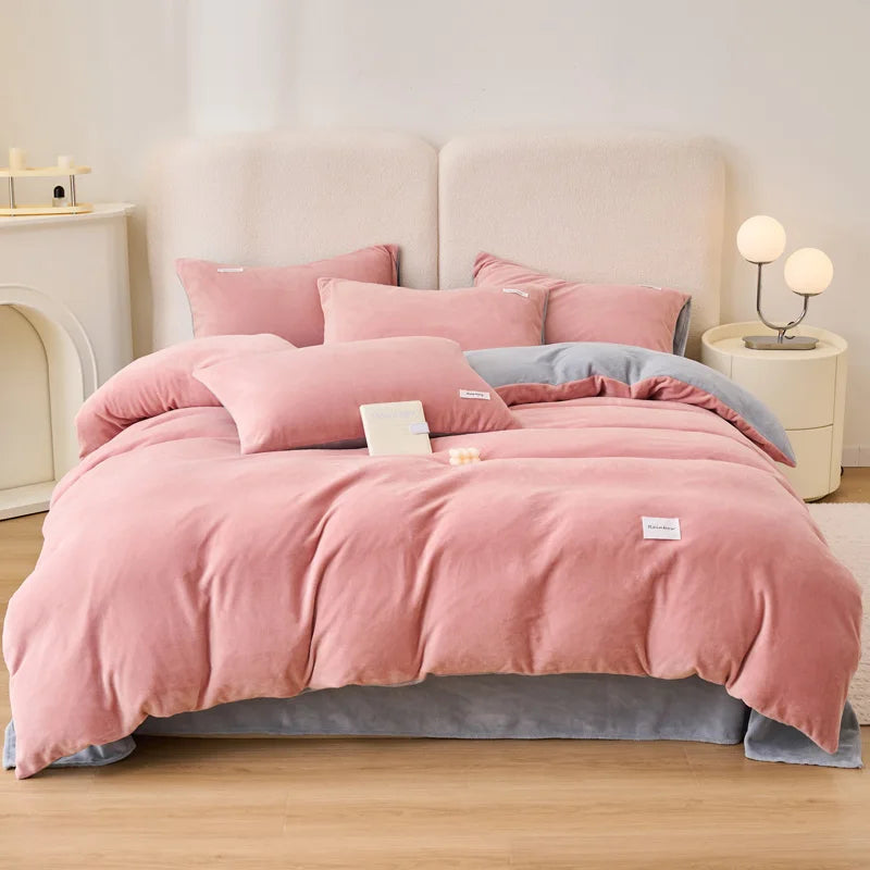 Reversible Velvet Duvet Cover With Velvet Sheet -  Powder Pink and Light Grey