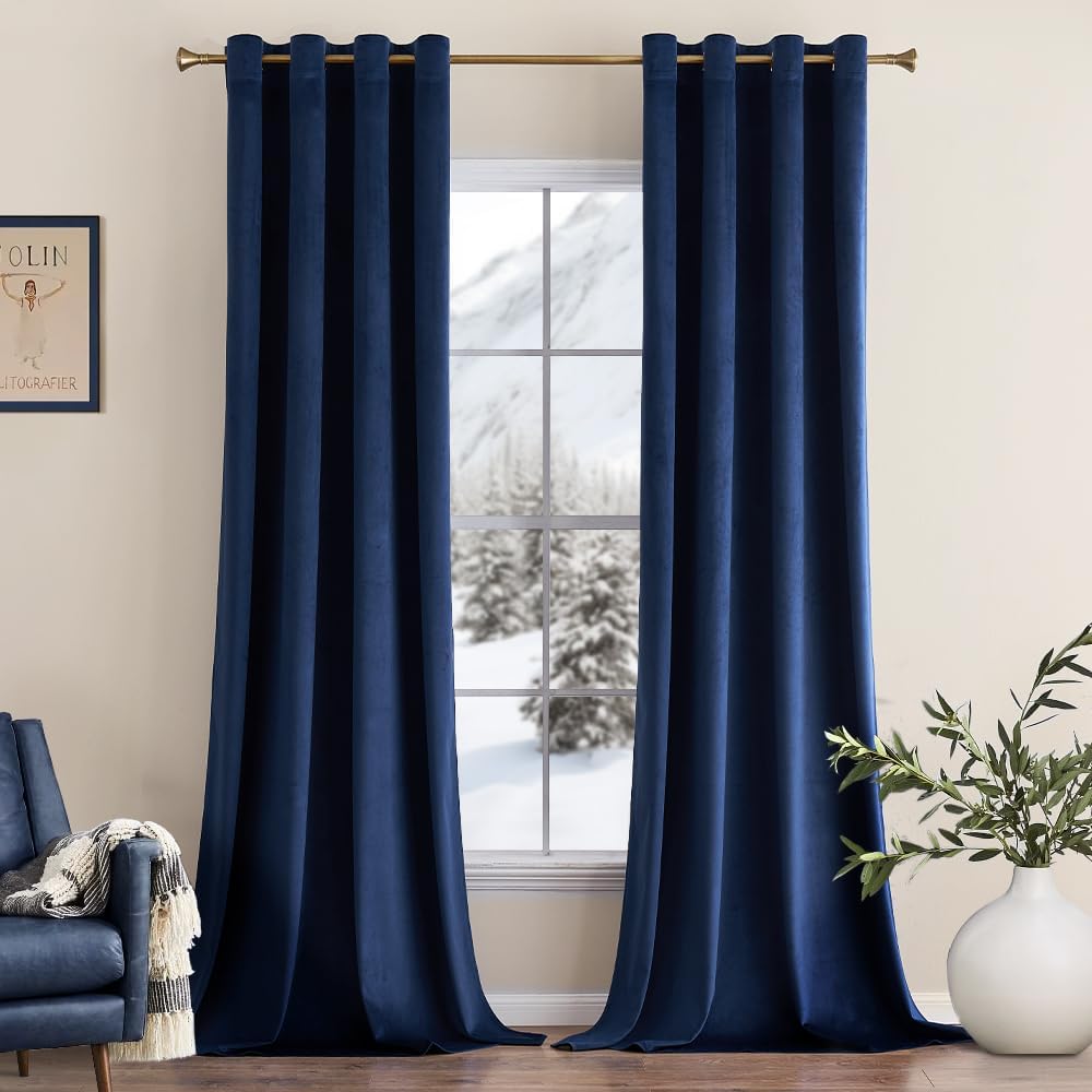 2 PCs Stainless Ring Eyelet Velvet Curtains With Velcro Belts - Navy Blue