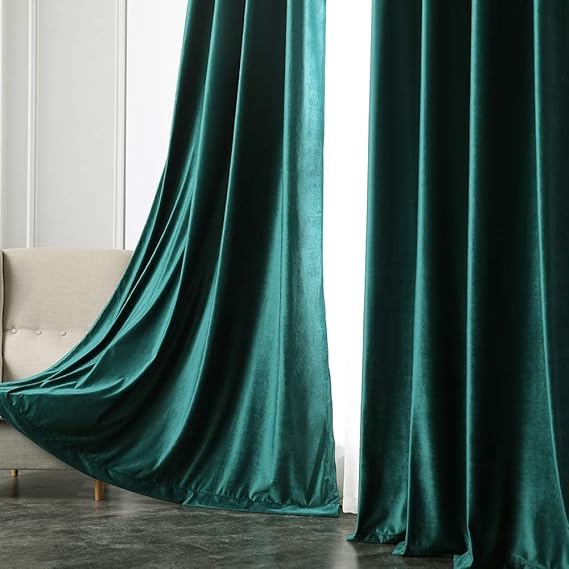 2 PCs Stainless Ring Eyelet Velvet Curtains With Velcro Belts - Salashy Green