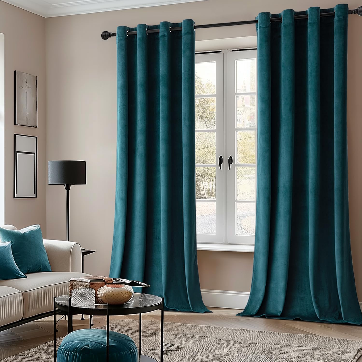 2 PCs Stainless Ring Eyelet Velvet Curtains With Velcro Belts - Sea Green
