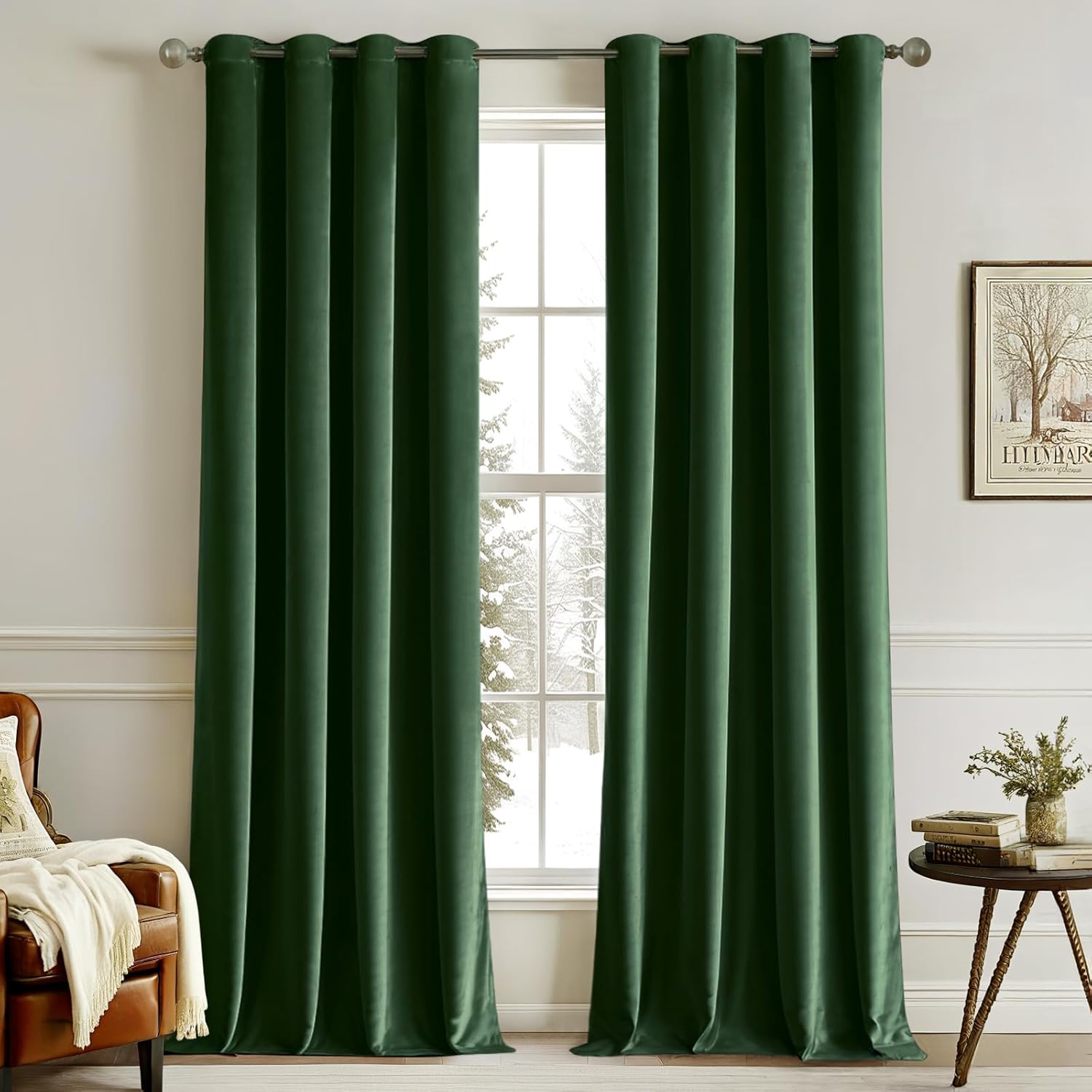 2 PCs Stainless Ring Eyelet Velvet Curtains With Velcro Belts - Dark Green