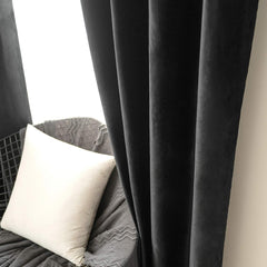 2 PCs Stainless Ring Eyelet Velvet Curtains With Velcro Belts - Dark Grey