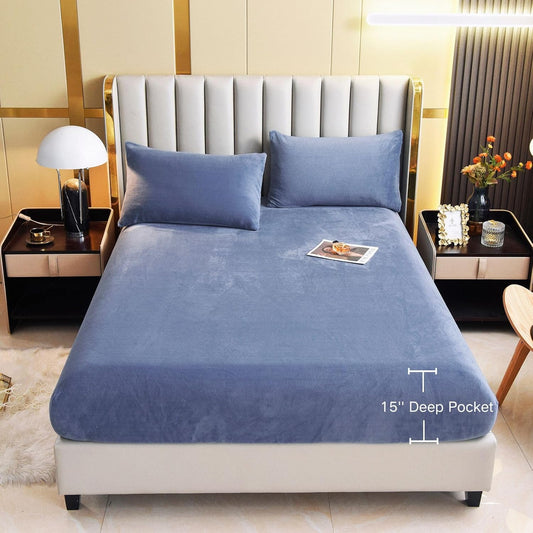 MILKY VELVET FITTED BEDSHEET - Lapis Blue