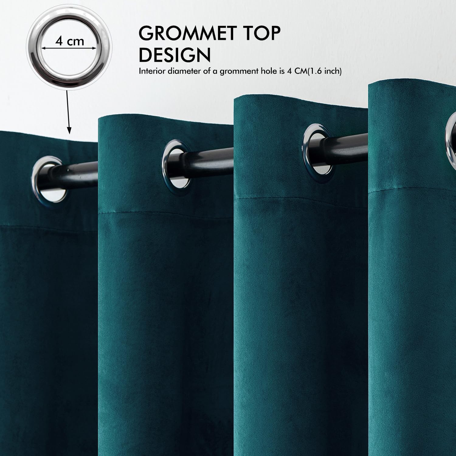 2 PCs Stainless Ring Eyelet Velvet Curtains With Velcro Belts - Peacok Blue