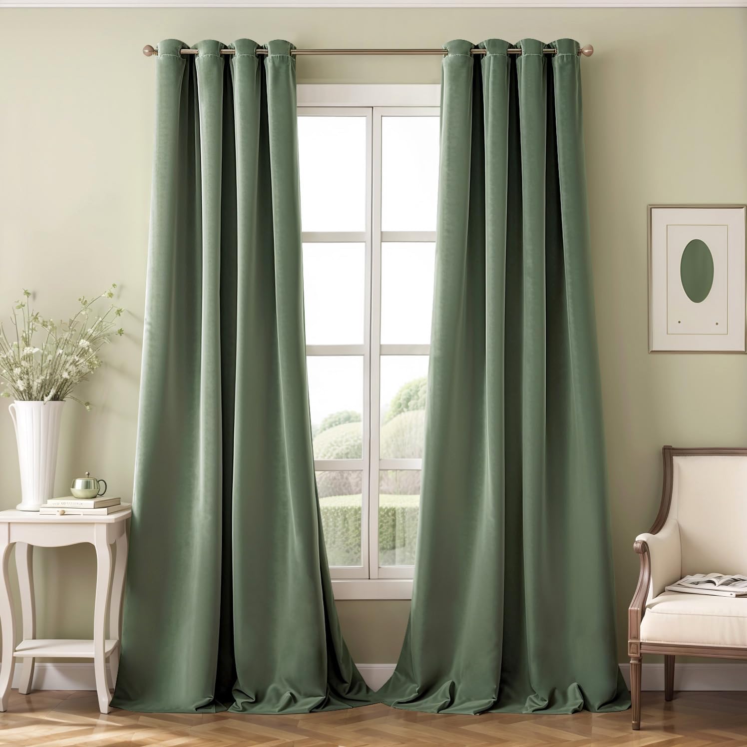 2 PCs Stainless Ring Eyelet Velvet Curtains With Velcro Belts - Sage Green