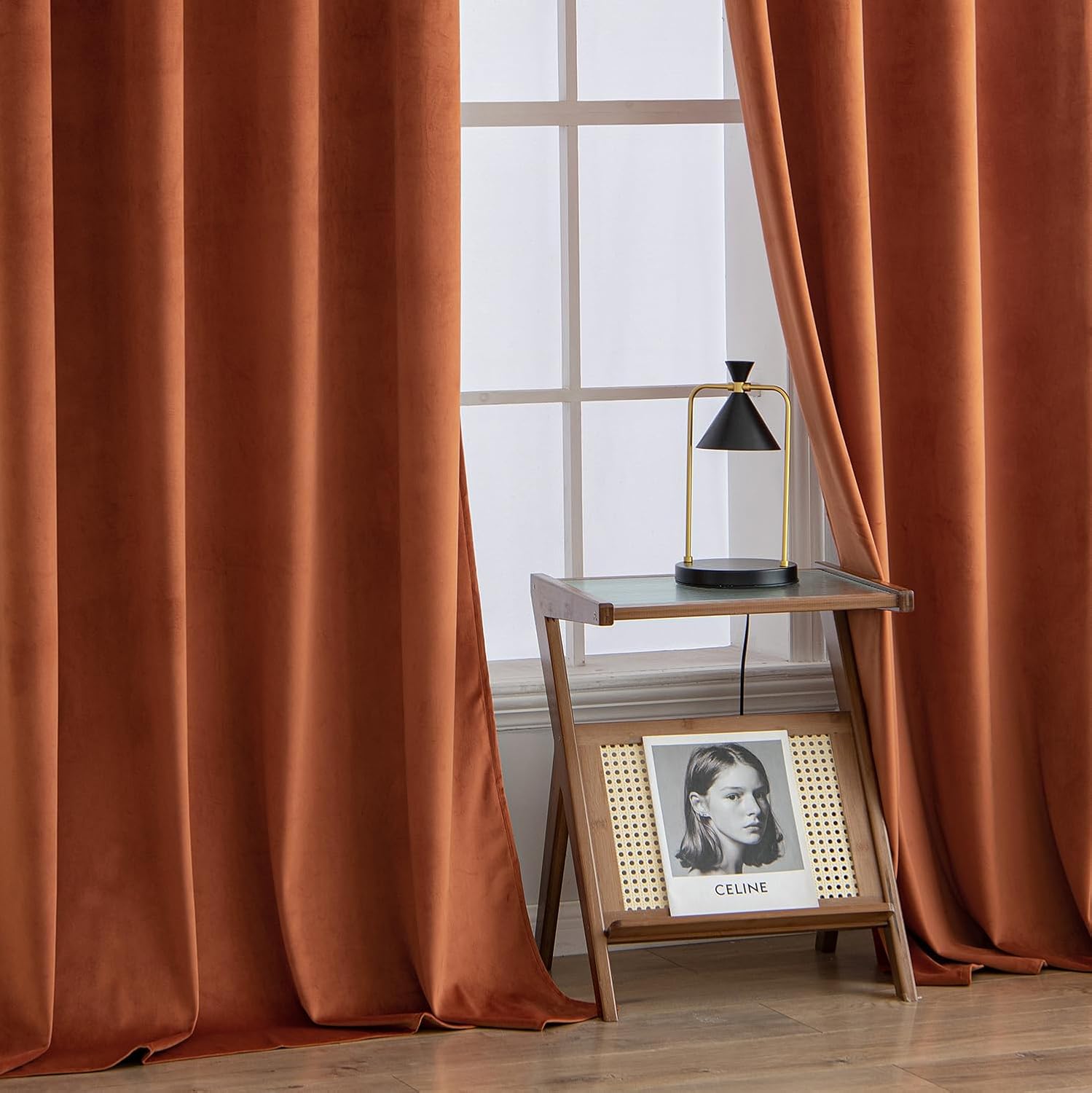 2 PCs Stainless Ring Eyelet Velvet Curtains With Velcro Belts - Teracotta