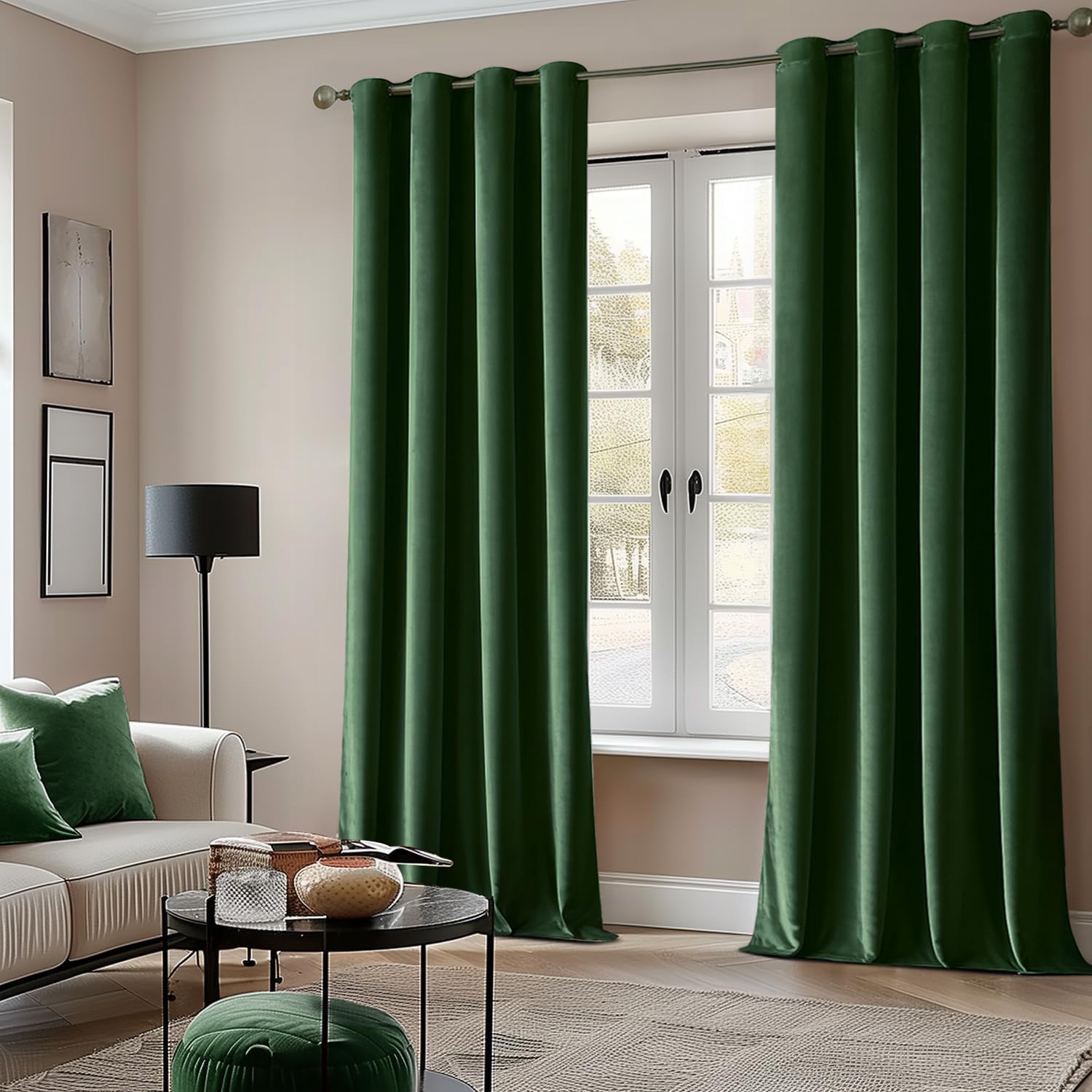 2 PCs Stainless Ring Eyelet Velvet Curtains With Velcro Belts - Dark Green