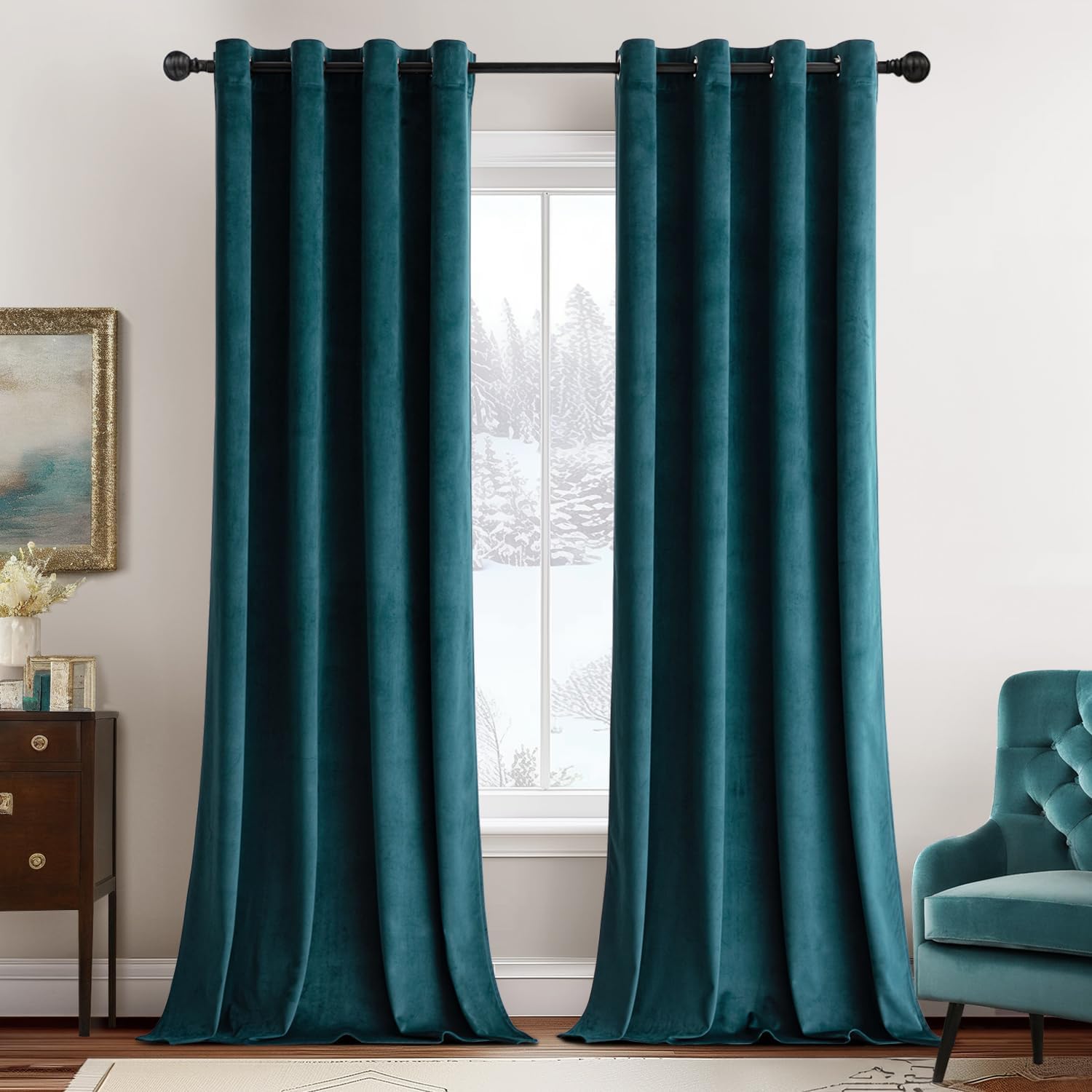 2 PCs Stainless Ring Eyelet Velvet Curtains With Velcro Belts - Peacok Blue
