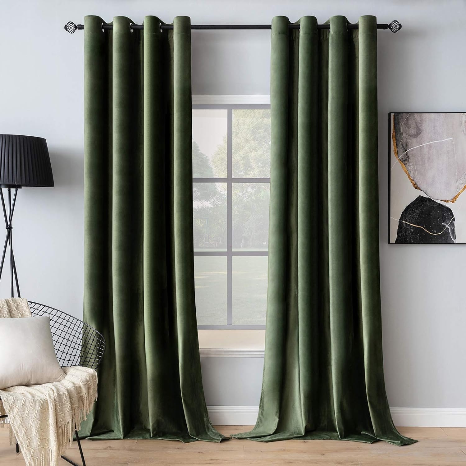 2 PCs Stainless Ring Eyelet Velvet Curtains With Velcro Belts - Olive Green