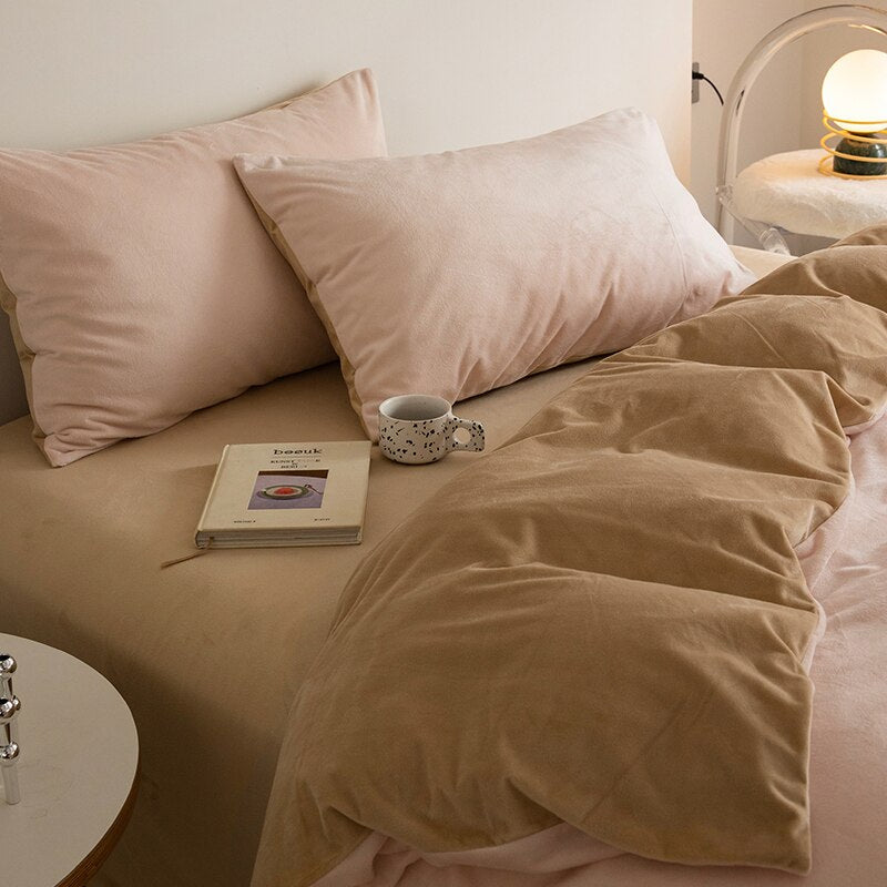 Reversible Velvet Duvet Cover - Off White & Beige