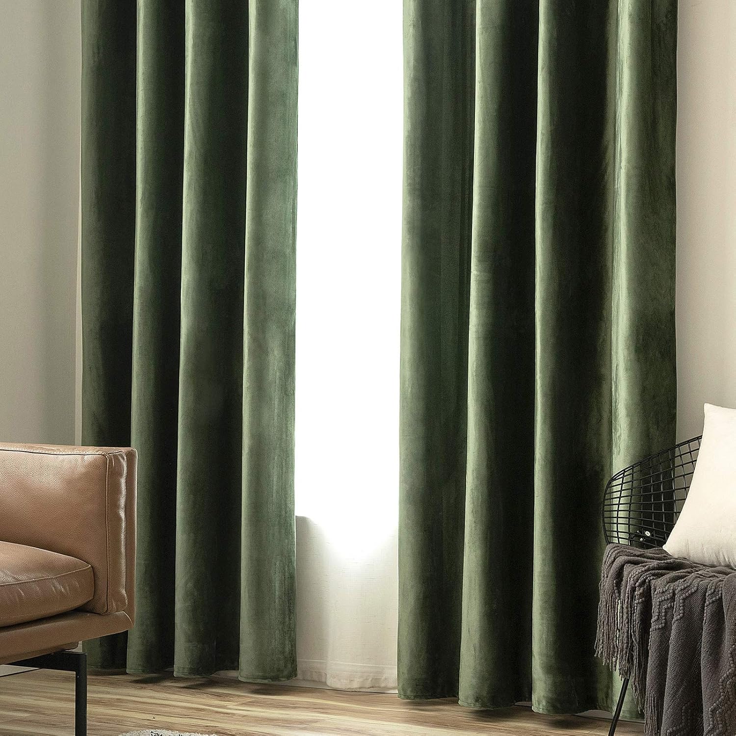 2 PCs Stainless Ring Eyelet Velvet Curtains With Velcro Belts - Olive Green