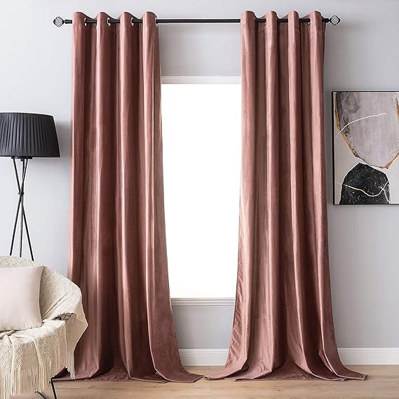2 PCs Stainless Ring Eyelet Velvet Curtains With Velcro Belts - Dusty Rose