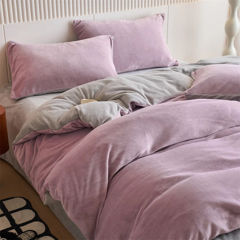 Reversible Velvet Duvet Cover With Velvet Sheet - Lilac and Grey