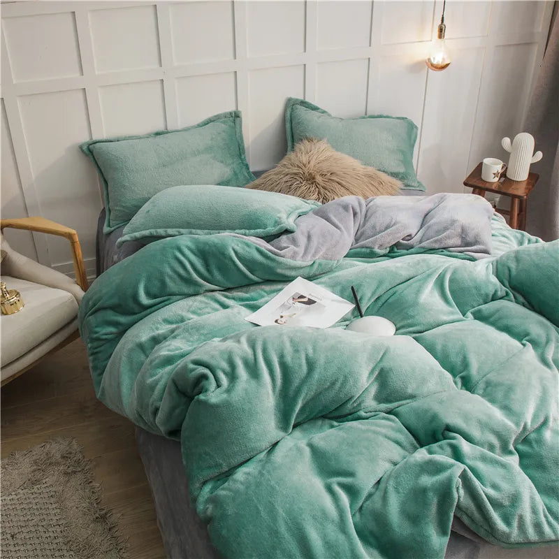 Reversible Velvet Duvet Cover - Bamboo Green & Light Grey