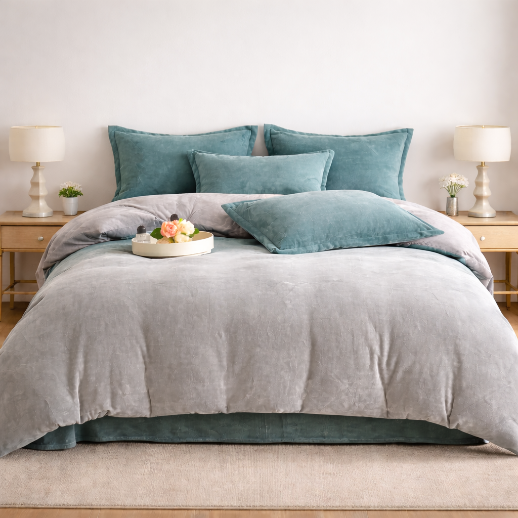 Reversible Velvet Duvet Cover With Velvet Sheet - Sea Green and Light Grey