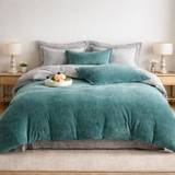 Reversible Velvet Duvet Cover With Velvet Sheet - Sea Green and Light Grey