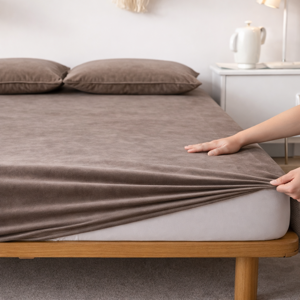 MILKY VELVET FITTED BEDSHEET WITH PILLOWS - COFFEE BROWN