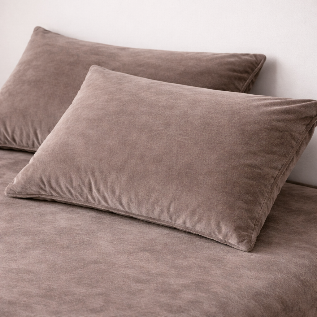 MILKY VELVET FITTED BEDSHEET WITH PILLOWS - COFFEE BROWN