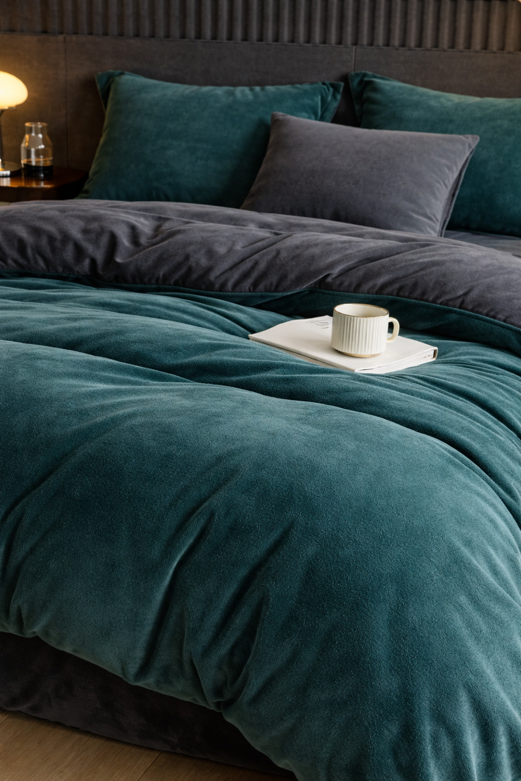Reversible Velvet Duvet Cover With Velvet Sheet - Arctic Teal and Dark Grey