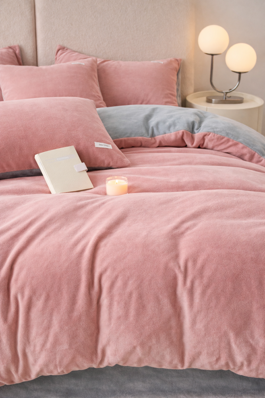 Reversible Velvet Duvet Cover With Velvet Sheet -  Powder Pink and Light Grey