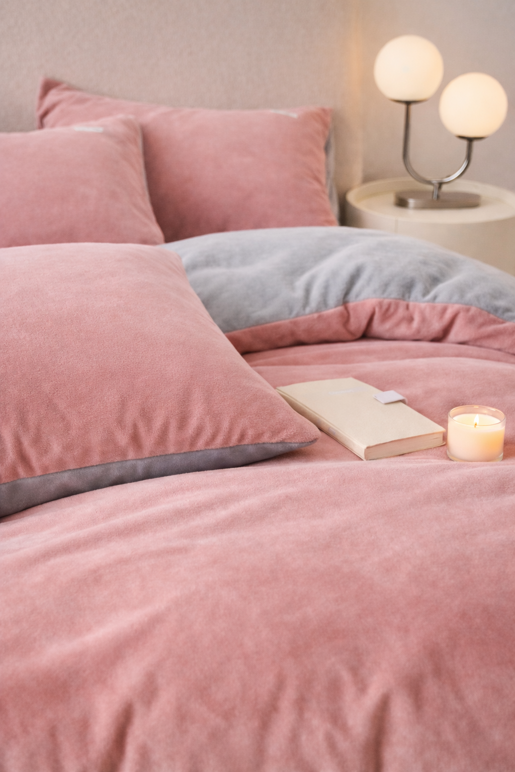 Reversible Velvet Duvet Cover With Velvet Sheet -  Powder Pink and Light Grey