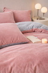 Reversible Velvet Duvet Cover With Velvet Sheet -  Powder Pink and Light Grey