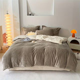 Reversible Velvet Duvet Cover With Velvet Sheet - Mouse Brown and Off White