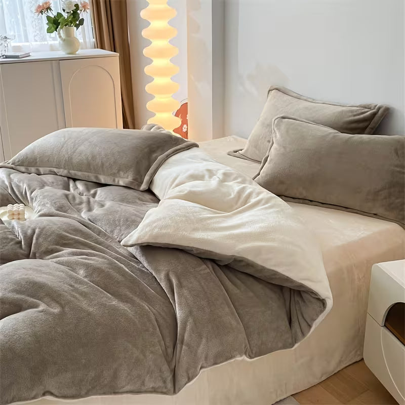 Reversible Velvet Duvet Cover With Velvet Sheet - Mouse Brown and Off White