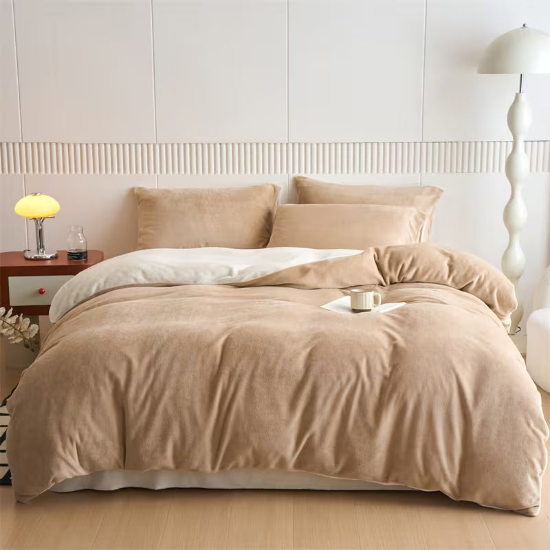 Reversible Velvet Duvet Cover With Velvet Sheet - Caramel and Off White