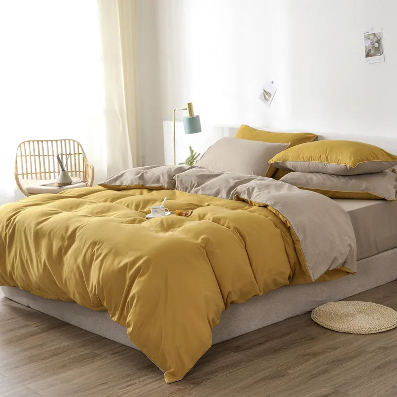 Pure Cotton Reversible Duvet Cover Set - Yellow & Beige