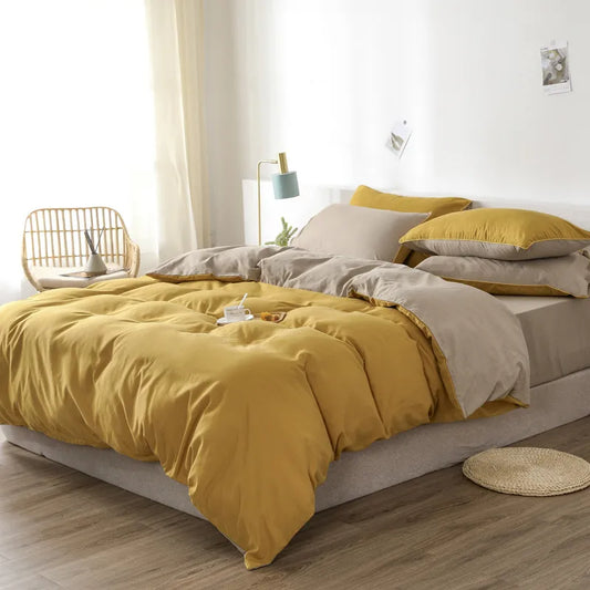 Pure Cotton Reversible Duvet Cover Set - Yellow & Beige