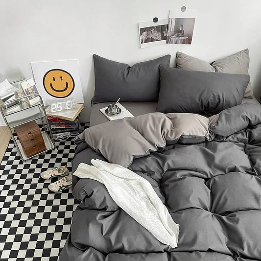 Pure Cotton Reversible Duvet Cover Set - Grey Shades