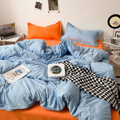 Reversible Cotton Duvet Cover - Baby Blue & Orange