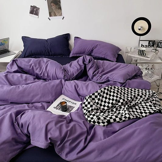 Pure Cotton Reversible Duvet Cover Set -  Purple & Navy Blue